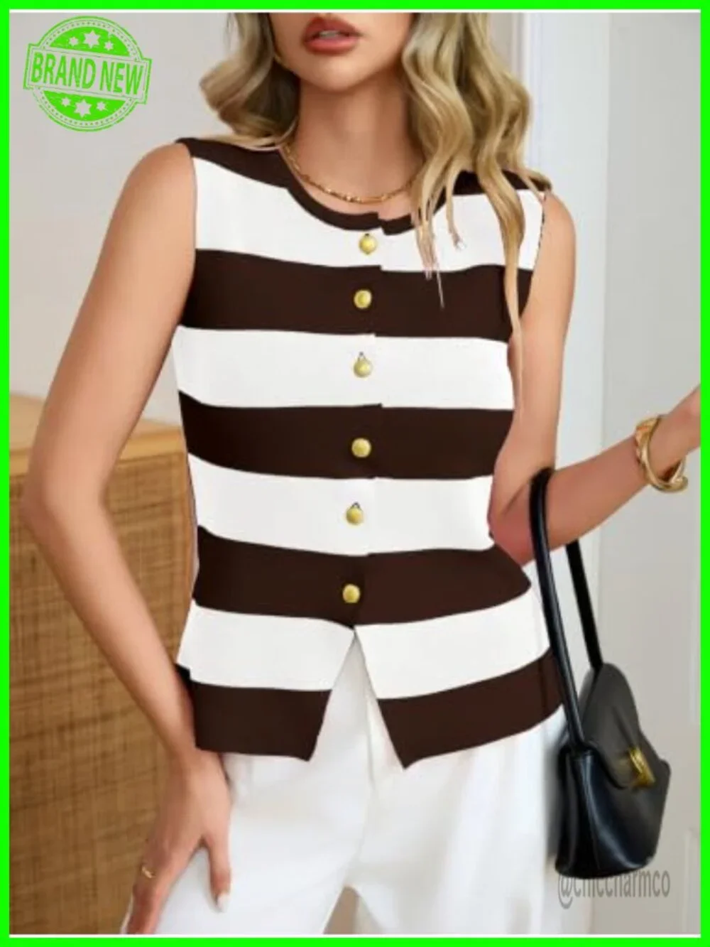 Sleeveless Lightweight Knit Tank Top Vest Striped Button Down Casual Tops